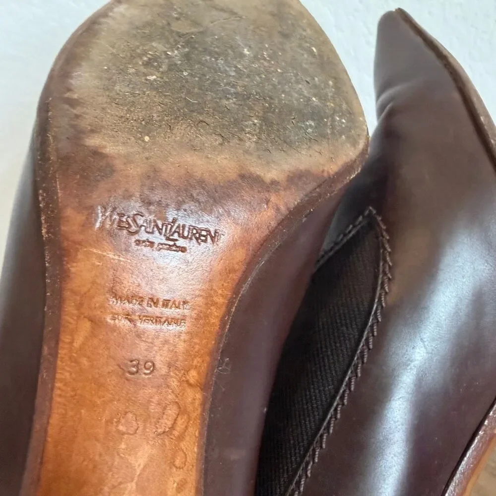 Yves Saint Laurent Brown Leather Pull-On Heeled Sock Bootie Women's Size 39 US 9